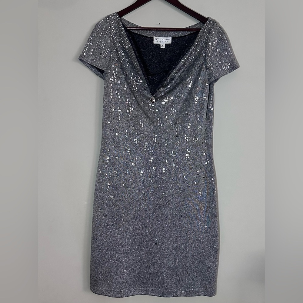 St. John Evening | Silver Sequin Knit Dress | Size 8